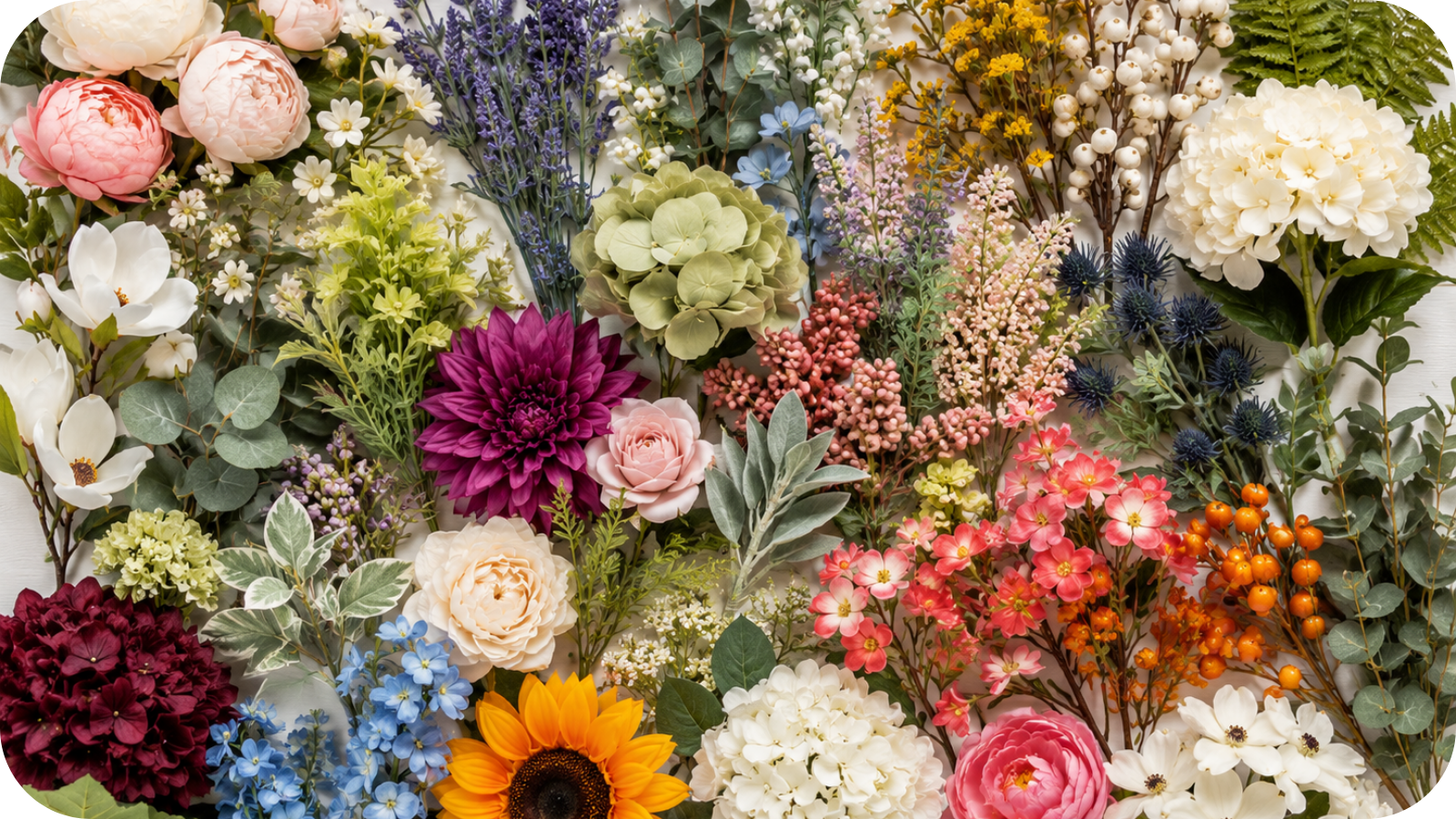 An image depicting various florals and greenery for Uncle Buck's Wholesale Website.